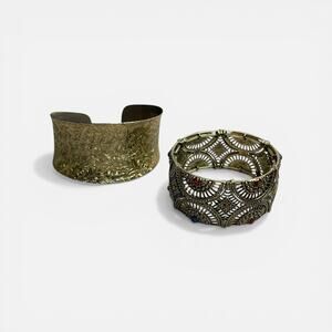 Gold Tone Cuff Bracelet Lot Engraved Floral & Mosaic Stretch Statement